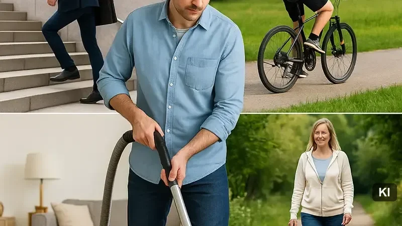 Bewegung im Alltag: Treppensteigen, Radfahren, Staubsaugen und Spaziergang mit Hund