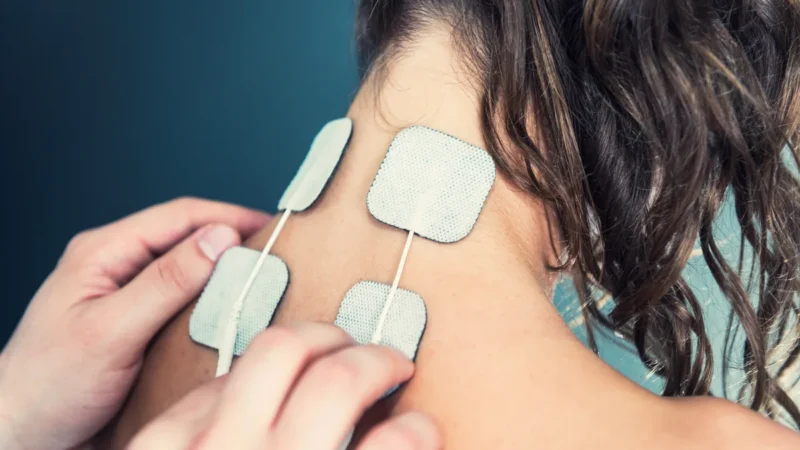 TENS-Elektroden werden für eine Reizstrombehandlung am Nacken angelegt